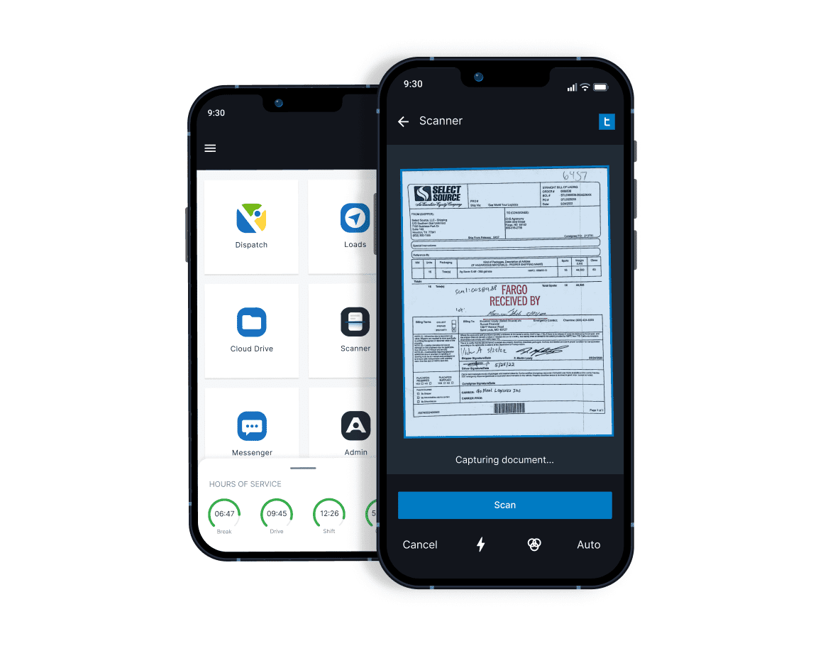 Trucking Hub Mobile application for truck drivers showing all apps and document scanning.