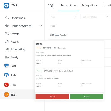 EDI Software showing TMS integration and modal to accept or reject a tender, with 204 and 214 transactions showing in TMS background.