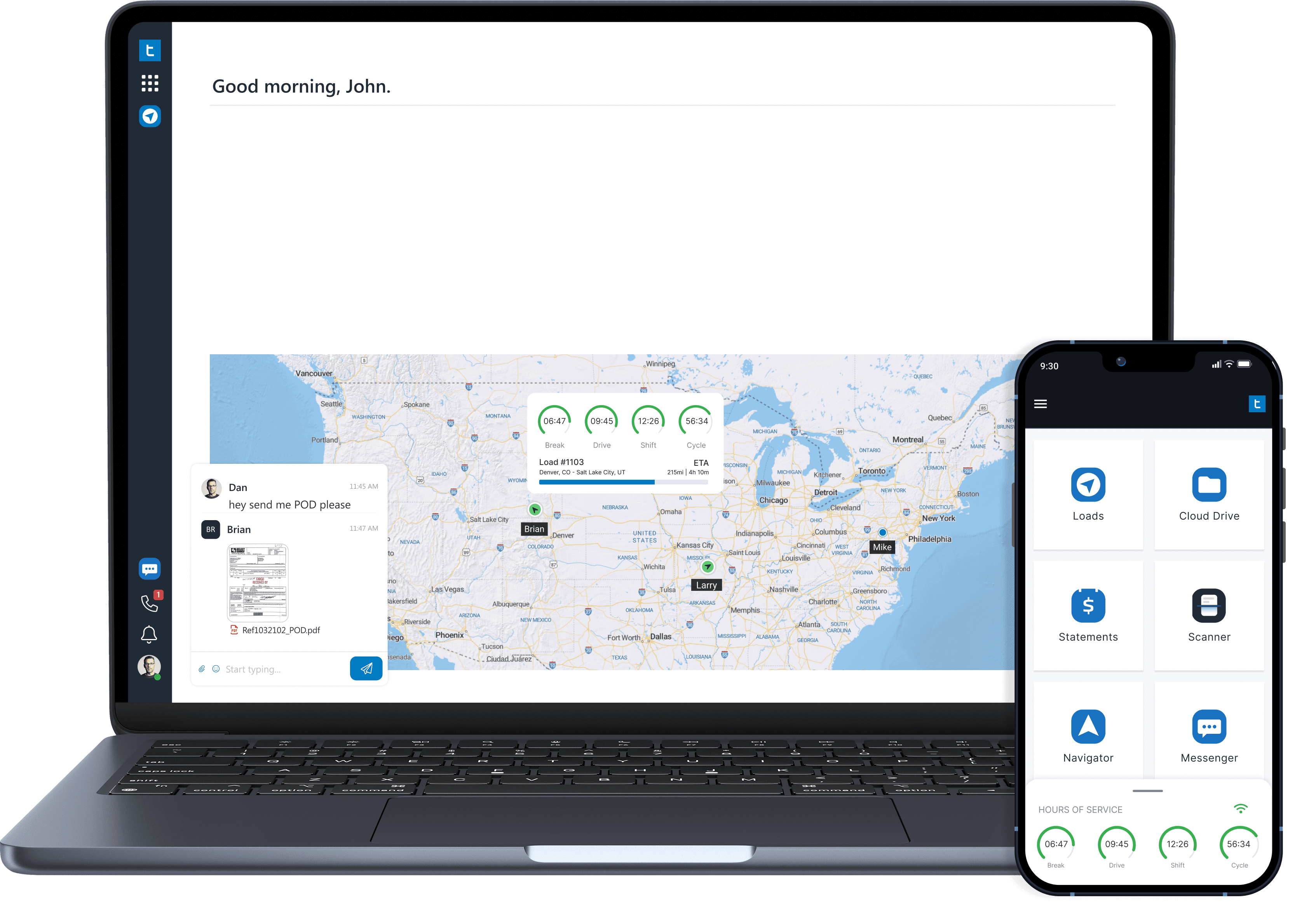 Screenshot showing Trucking Hub's comprehensive trucking software with different applications shown on the dashboard as icons: TMS, Dispatch, Device Manager, Drug Consortium, Payroll, Factoring, Driver Recruiting, Maintenance, Website, ONE Central, Website, Admin, Cloud Drive and Messenger overlaid with a mobile application showing driver-centric applications: Loads, Cloud Drive, Statements, Scanner, Navigator (CoPilot) and Messenger.
