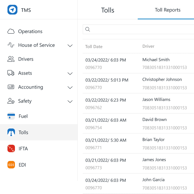 Real-time toll management and sync.