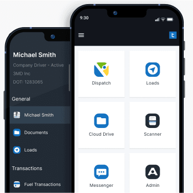Trucking Hub Mobile showing a native mobile application for iOS/Android with Dispatch, Loads, Cloud Drive, Scanner, Messenger and Admin applications.